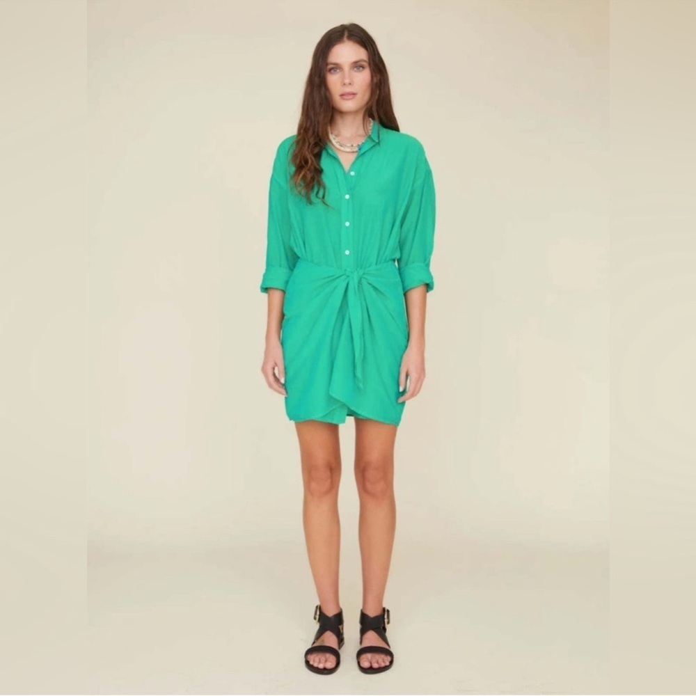Xirena Arly Dress Tie Front Long Sleeve Green Cotton Silk Blend Shirt
